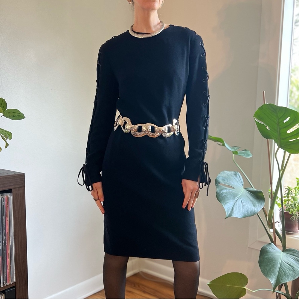 Louis Feraud Vintage 90s Long Sleeve Black Dress w/ Lace-Up Sleeves - Picture 2 of 9